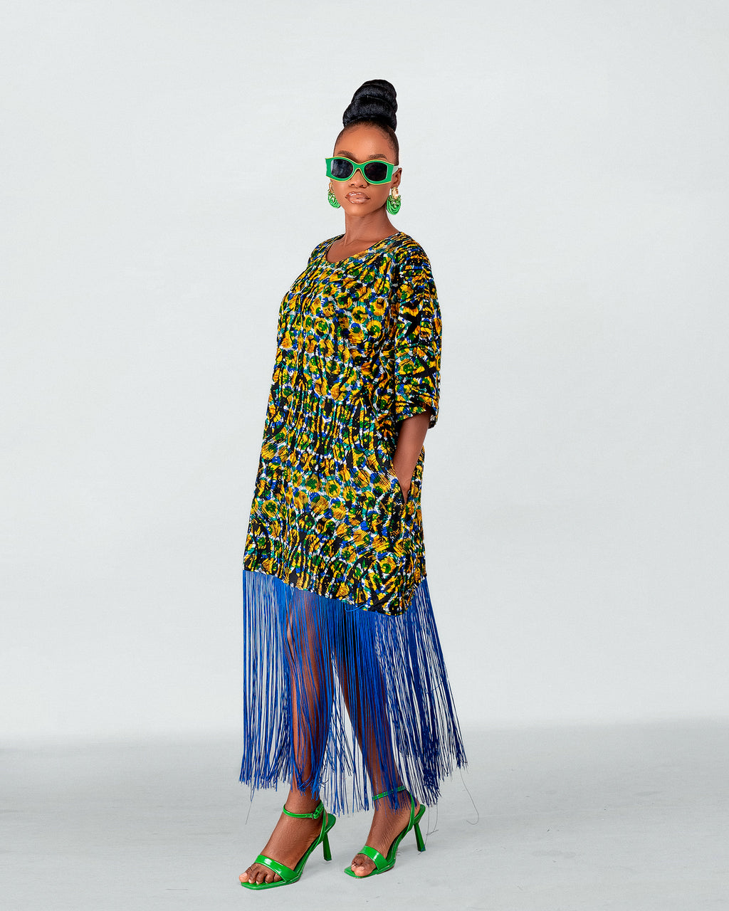 Bisi Ankara Fringe Midi Dress | yellow and Blue African Print