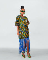 Bisi Ankara Fringe Midi Dress | Green and Blue African Print