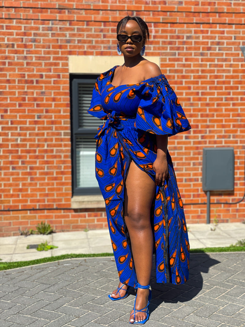 Nimi Ankara Off Shoulder Maxi Dress | Blue and Orange African Print