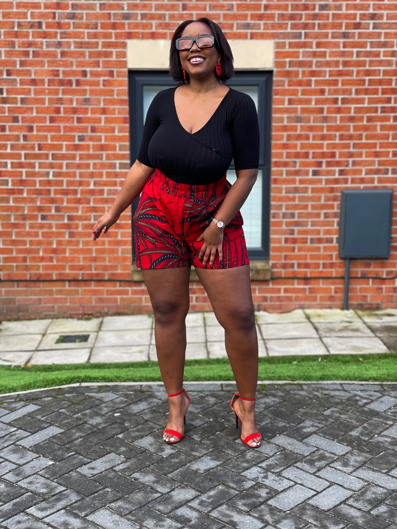 Gibs Ankara High Waisted Shorts | Red and Black African Print