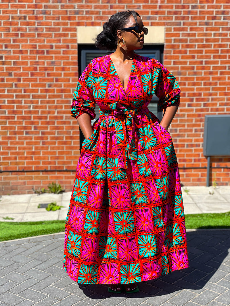 Biston Ankara Maxi Dress | Pink and Green African Print