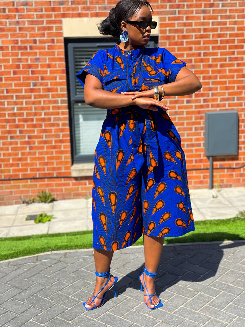 Kiekie Ankara Culotte Jumpsuit | Blue and Orange  African Print