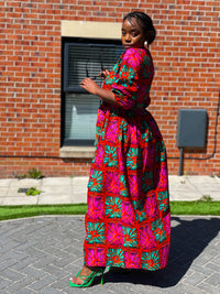 Biston Ankara Maxi Dress | Pink and Green African Print