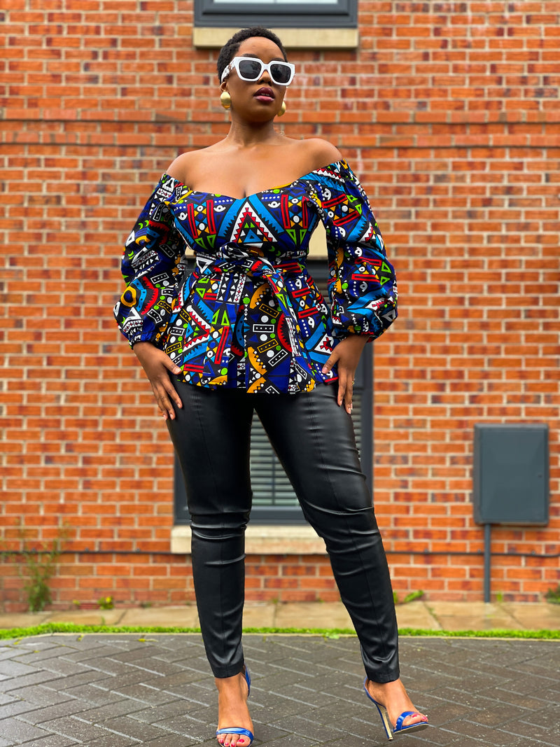 Chloe Ankara Peplum Top | Blue Multicoloured African Print