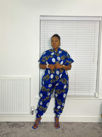 Aria Ankara Jumpsuit | Blue and White African Print