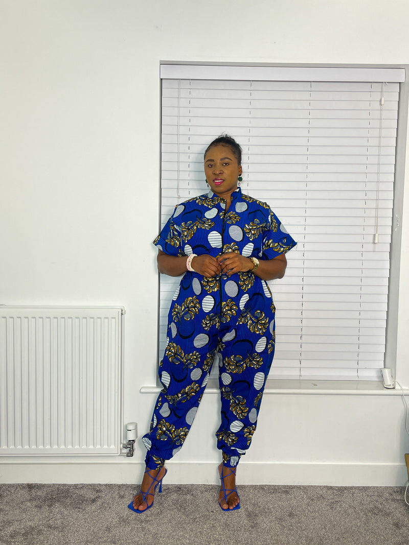 Aria Ankara Jumpsuit | Blue and White African Print