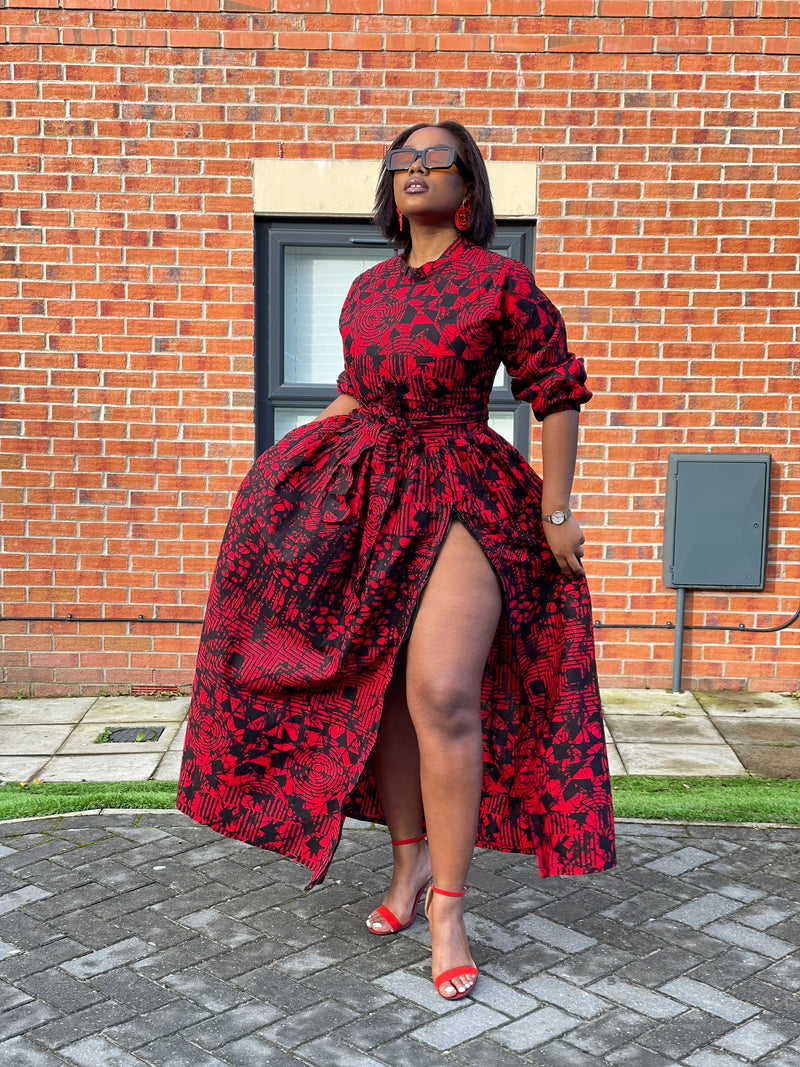 Eno Ankara Maxi Dress | Red and Black African Print