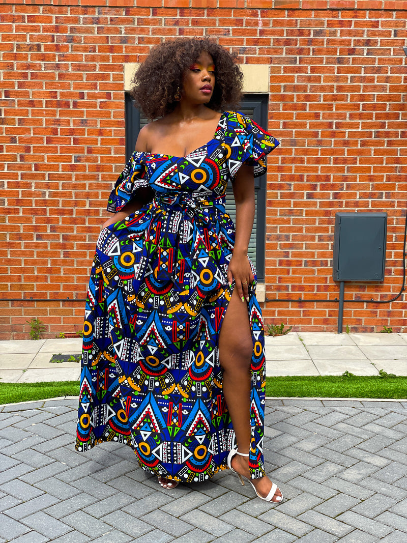 Apphia Ankara Maxi Dress | Blue Multicoloured African Tribal Print