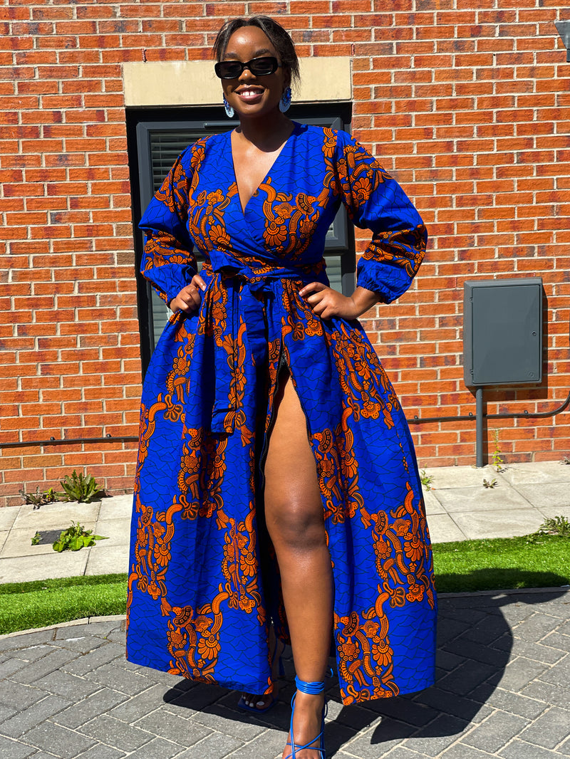 Bekky Ankara Maxi Dress | Blue and Orange African Print