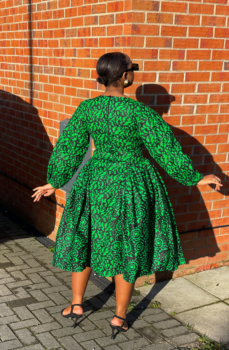 Lola Ankara Midi Dress | Green African Print