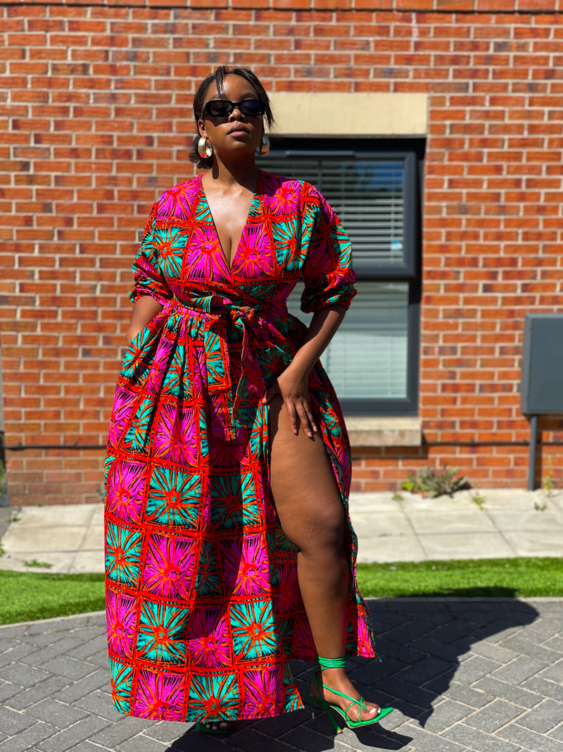 Biston Ankara Maxi Dress | Pink and Green African Print