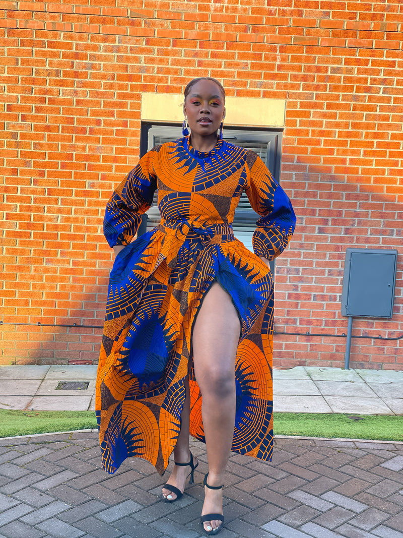 Etty Ankara Maxi Dress | Blue and Orange African Print