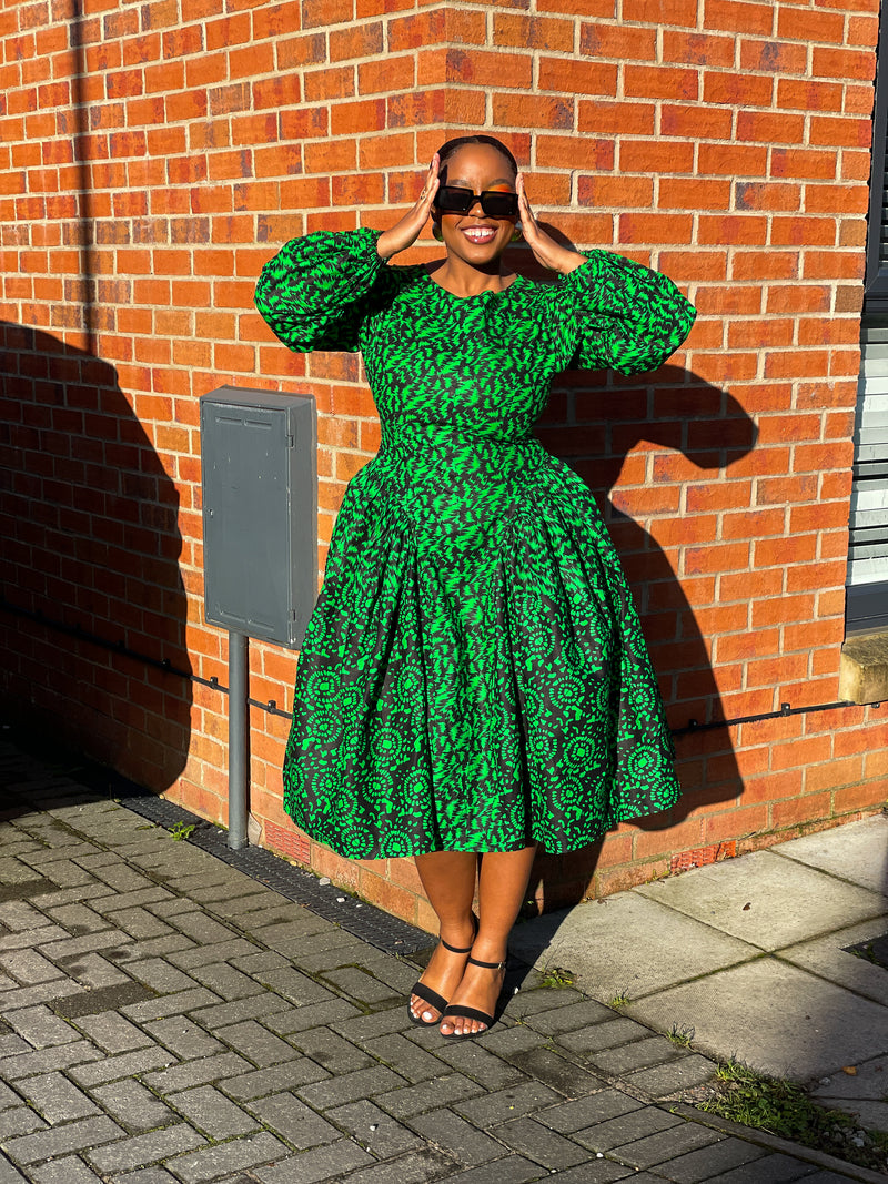 Lola Ankara Midi Dress | Green African Print