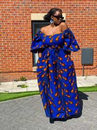 Nimi Ankara Off Shoulder Maxi Dress | Blue and Orange African Print