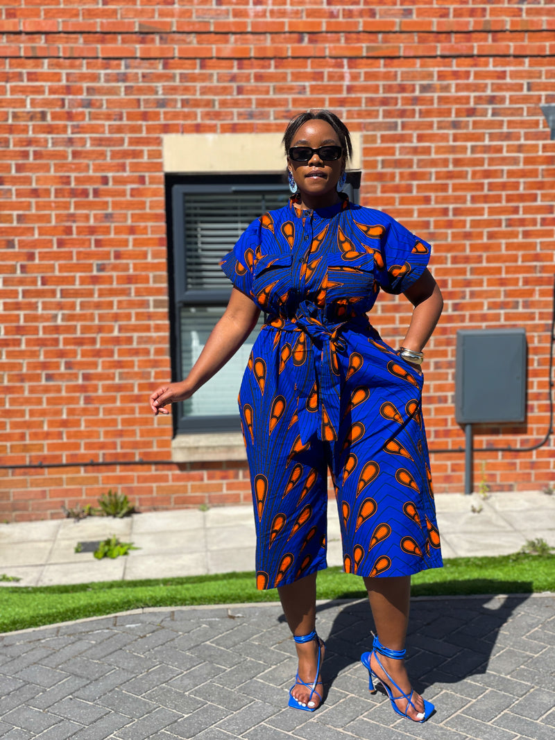 Kiekie Ankara Culotte Jumpsuit | Blue and Orange  African Print