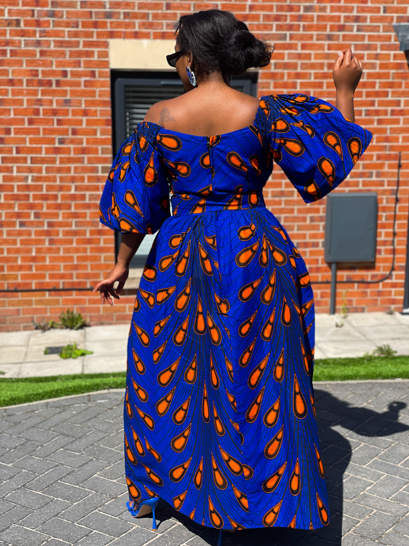 Nimi Ankara Off Shoulder Maxi Dress | Blue and Orange African Print