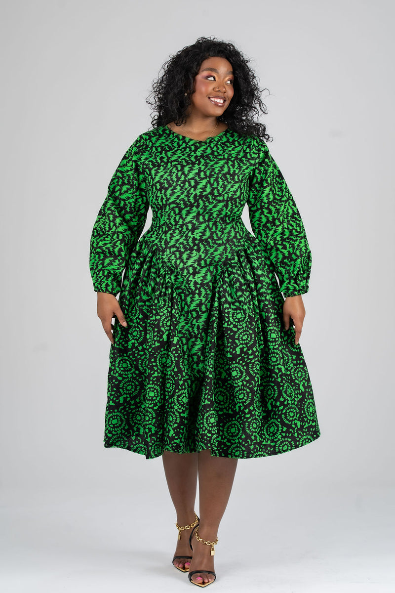 Lola Ankara Midi Dress | Green African Print