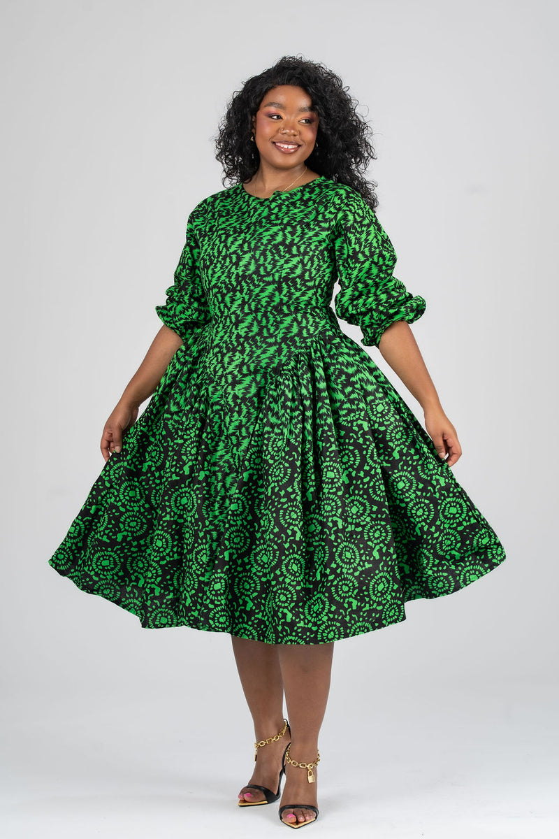 Lola Ankara Midi Dress | Green African Print