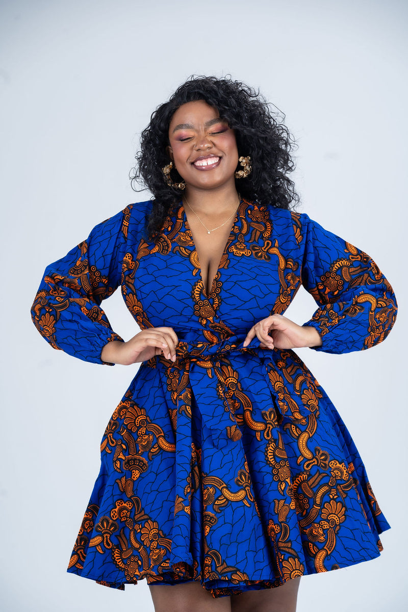 Bekky Ankara Mini Dress | Blue and Orange African Print