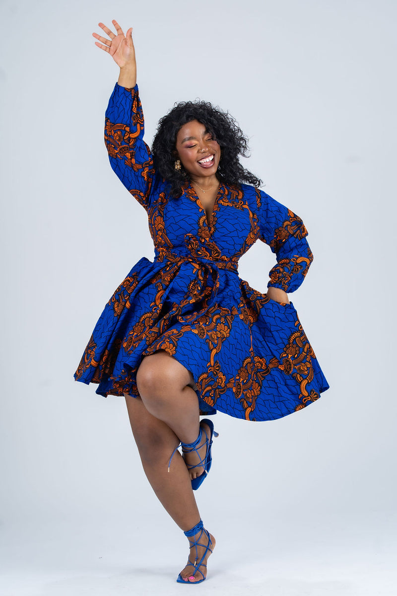 Bekky Ankara Mini Dress | Blue and Orange African Print