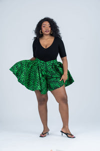 Jayla Ankara High Waisted Flare Short | Green  and Black African Print