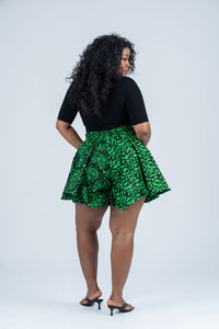 Jayla Ankara High Waisted Flare Short | Green  and Black African Print