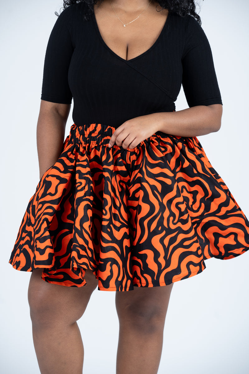 Julie Ankara High Waisted Flare Short | Orange and Black African Print