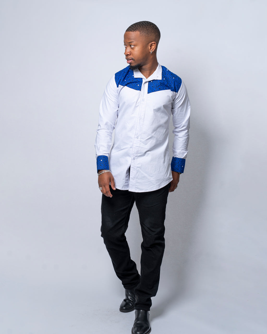 Chris Mixed Print Men Shirt | White and Blue African Print