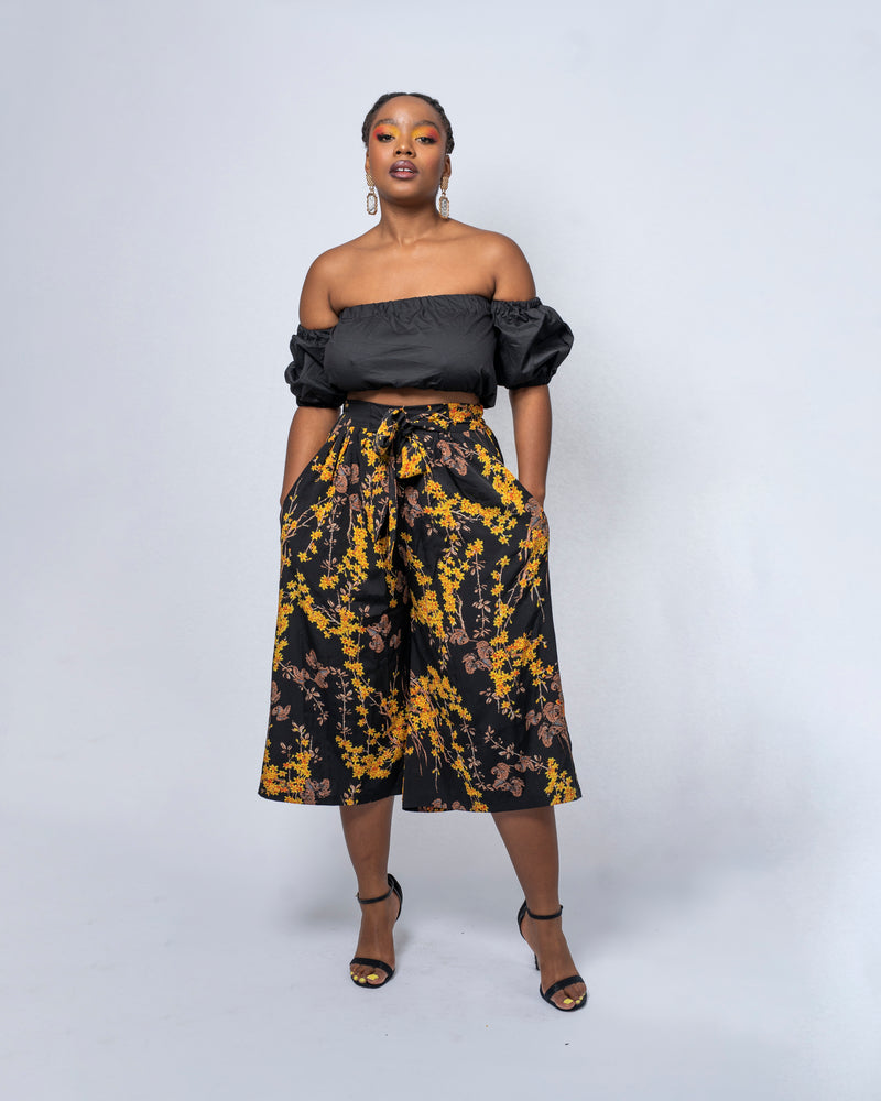 Taryn Ankara High Waisted Cullotte | Black and Yellow African Print