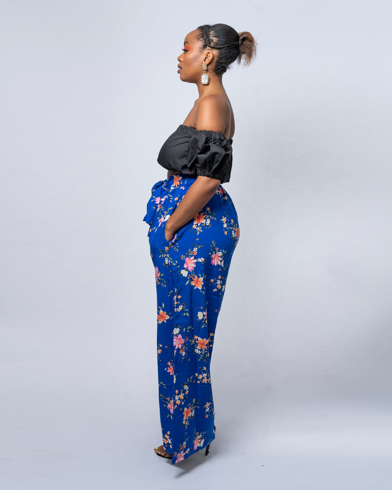 Tilly High Waisted Trouser | Blue Chiffon Floral Print