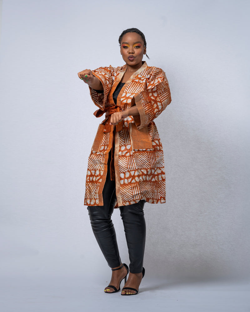 Luna Adire Kimono Jacket | Brown African Print