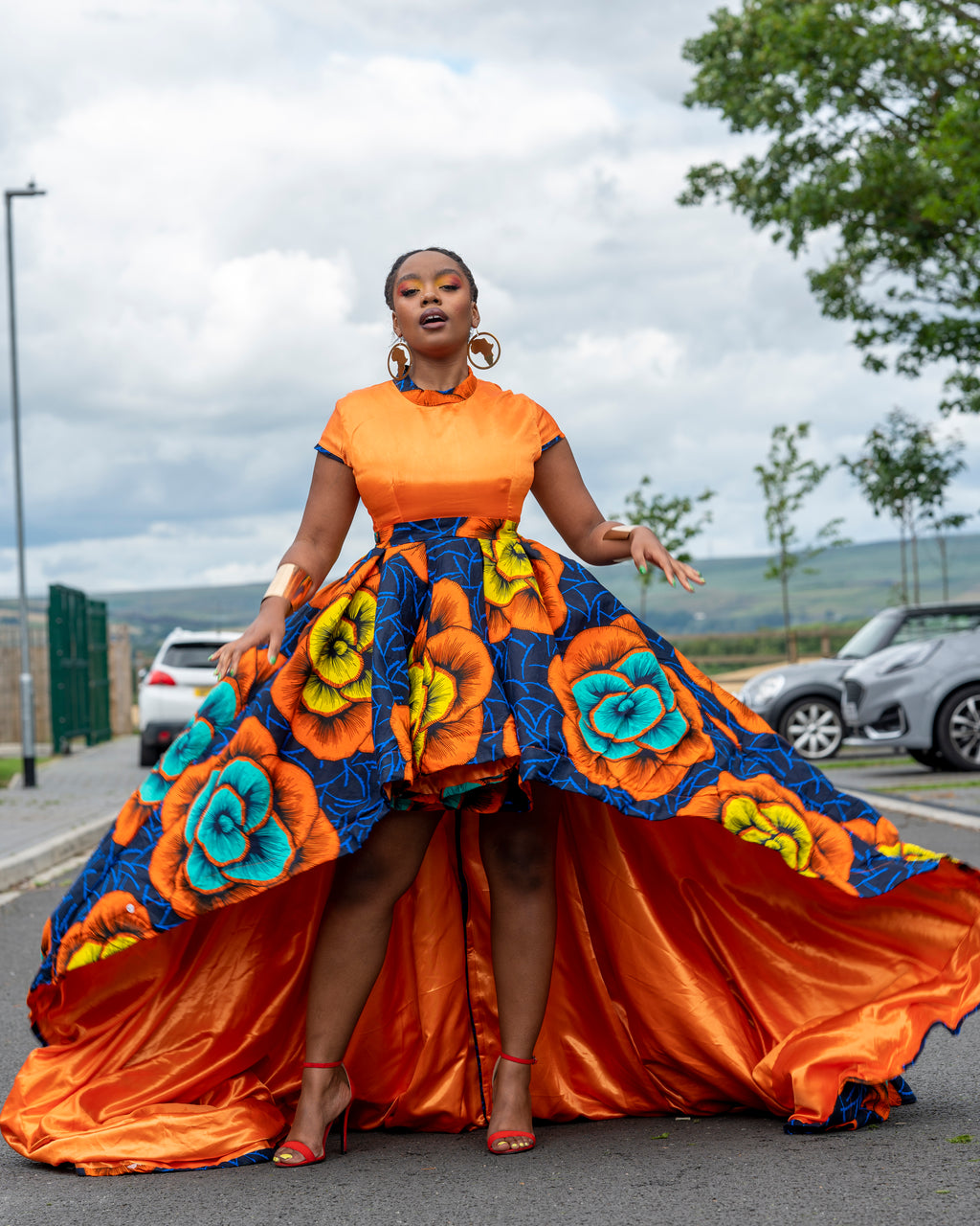 Barbra Ankara High Low Dress | Orange and Blue African Print