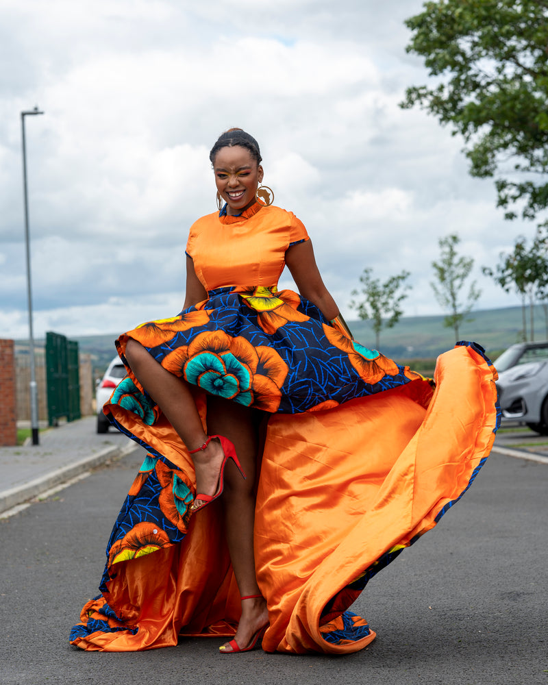 Barbra Ankara High Low Dress | Orange and Blue African Print