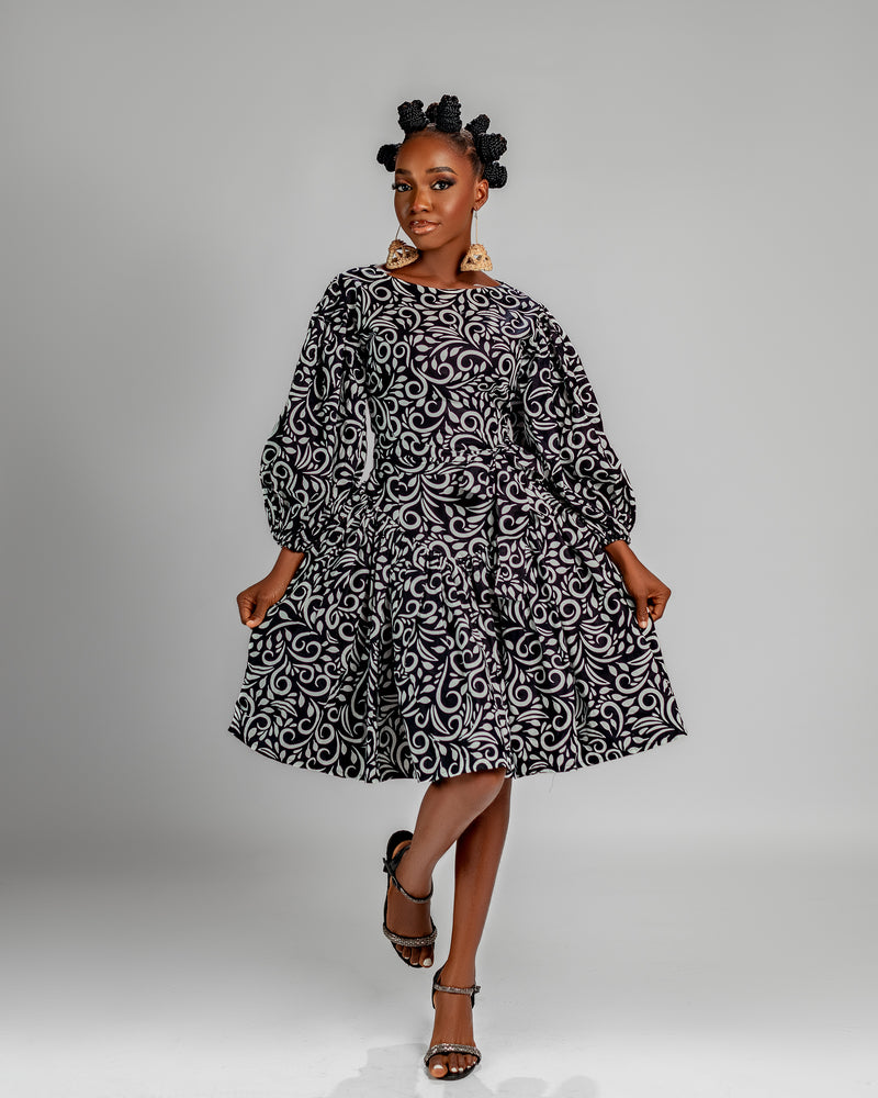 Rosie Ankara Short flare Dress | Black & White African Print