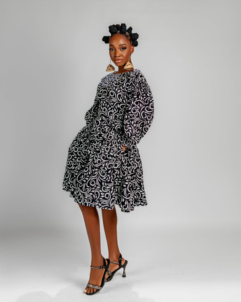 Rosie Ankara Short flare Dress | Black & White African Print