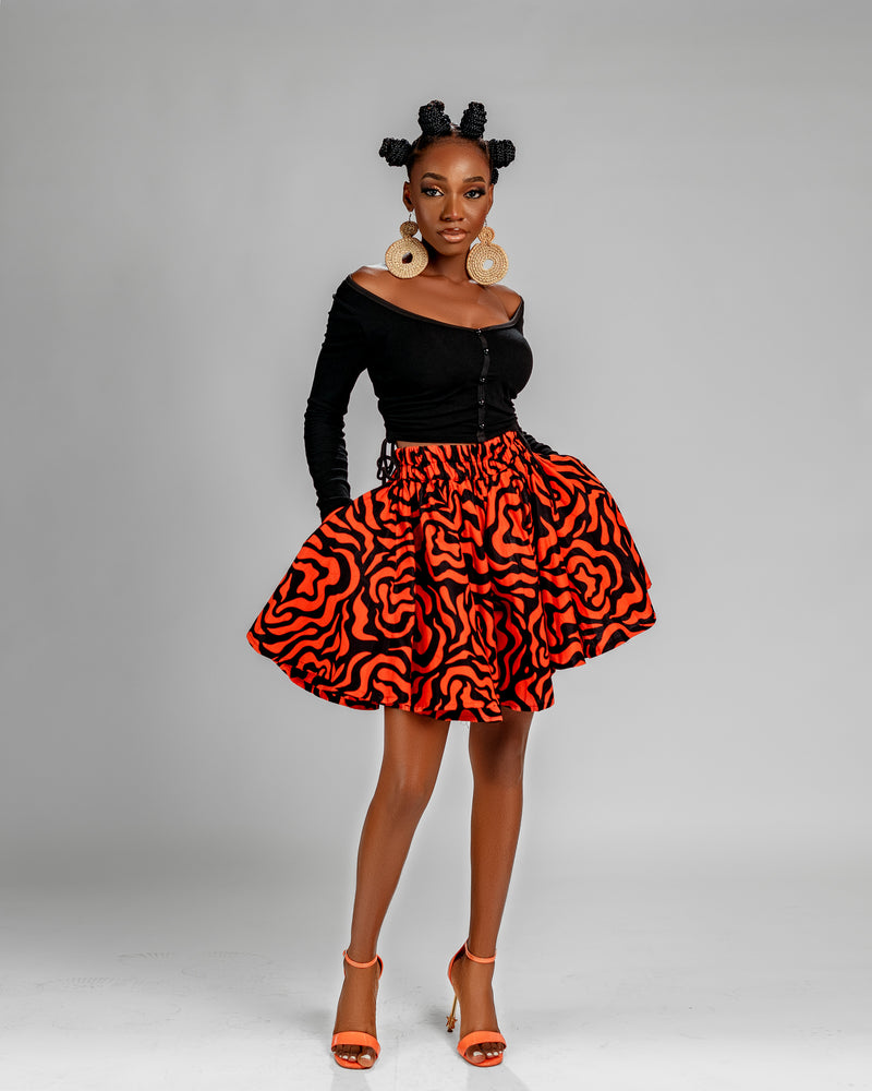 Julie Ankara High Waisted Flare Short | Orange and Black African Print