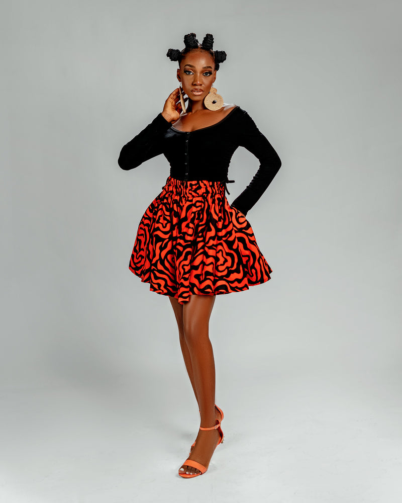 Julie Ankara High Waisted Flare Short | Orange and Black African Print