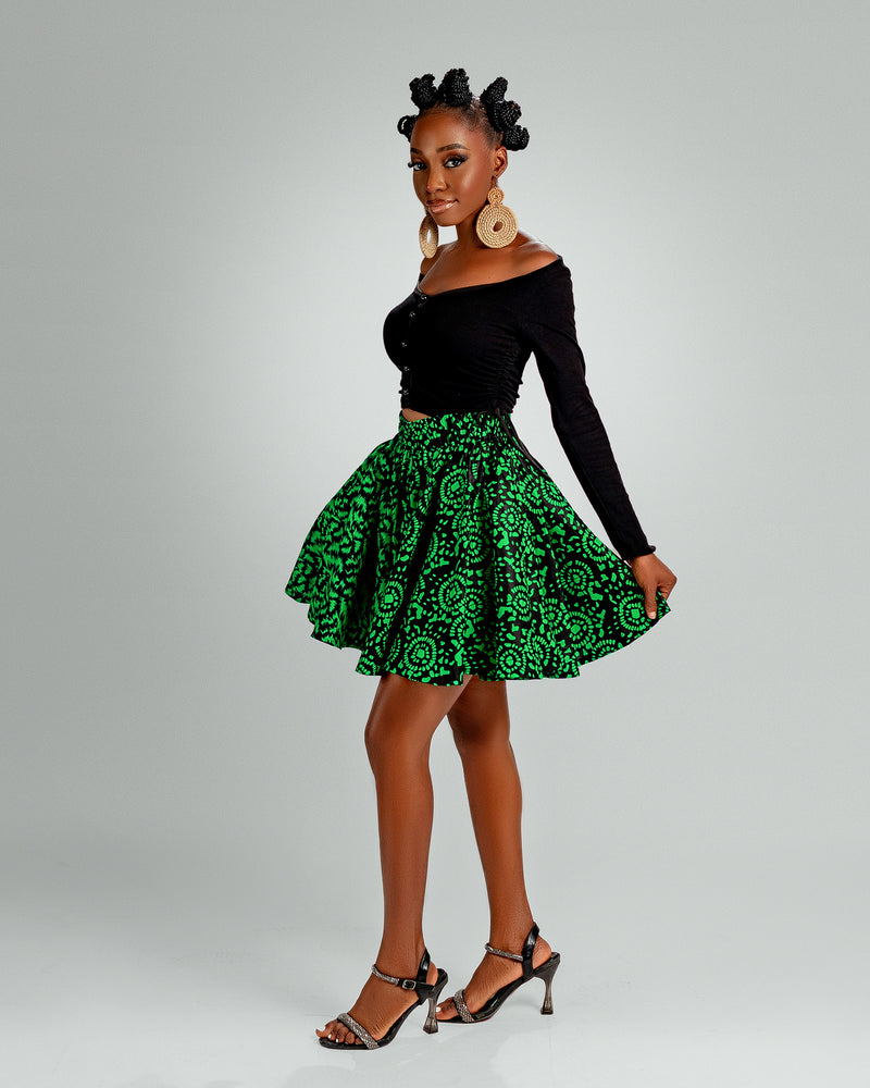 Jayla Ankara High Waisted Flare Short | Green  and Black African Print