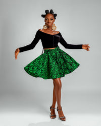 Jayla Ankara High Waisted Flare Short | Green  and Black African Print