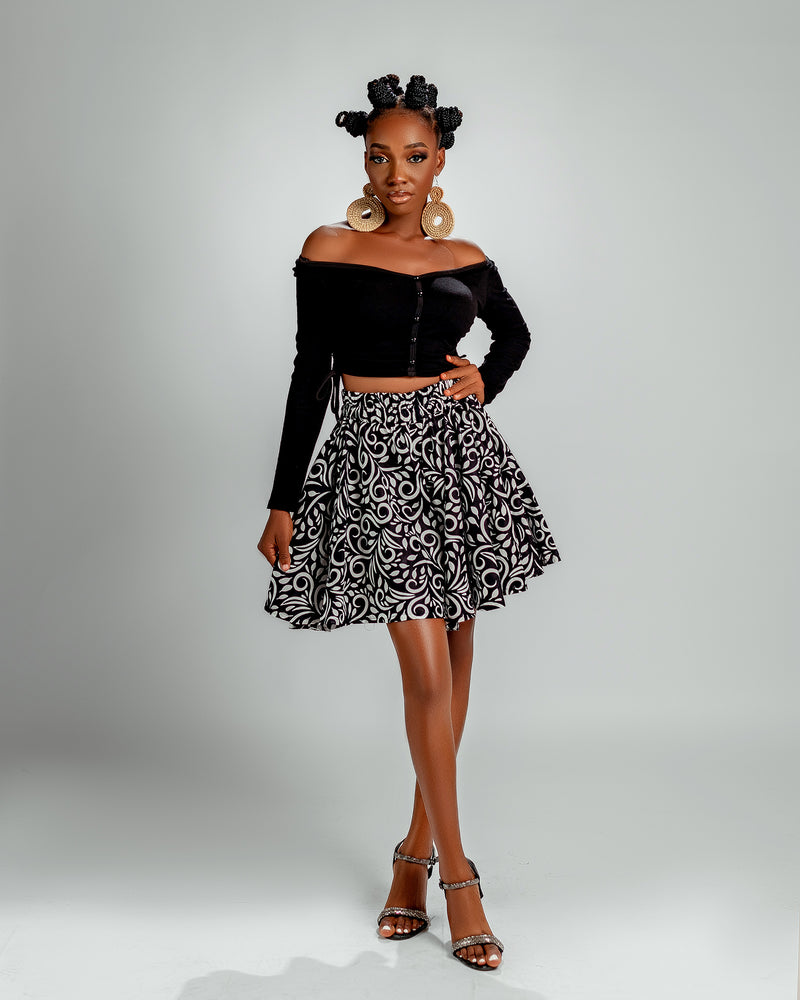 Jayden Ankara High Waisted Flare Short | Black and White African Print