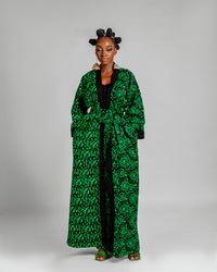 Jayla Long Kimono Jacket | Green and Black Print