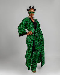 Jayla Long Kimono Jacket | Green and Black Print