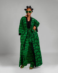 Jayla Long Kimono Jacket | Green and Black Print