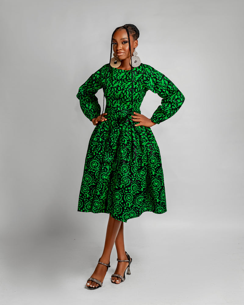 Lola Ankara Midi Dress | Green African Print