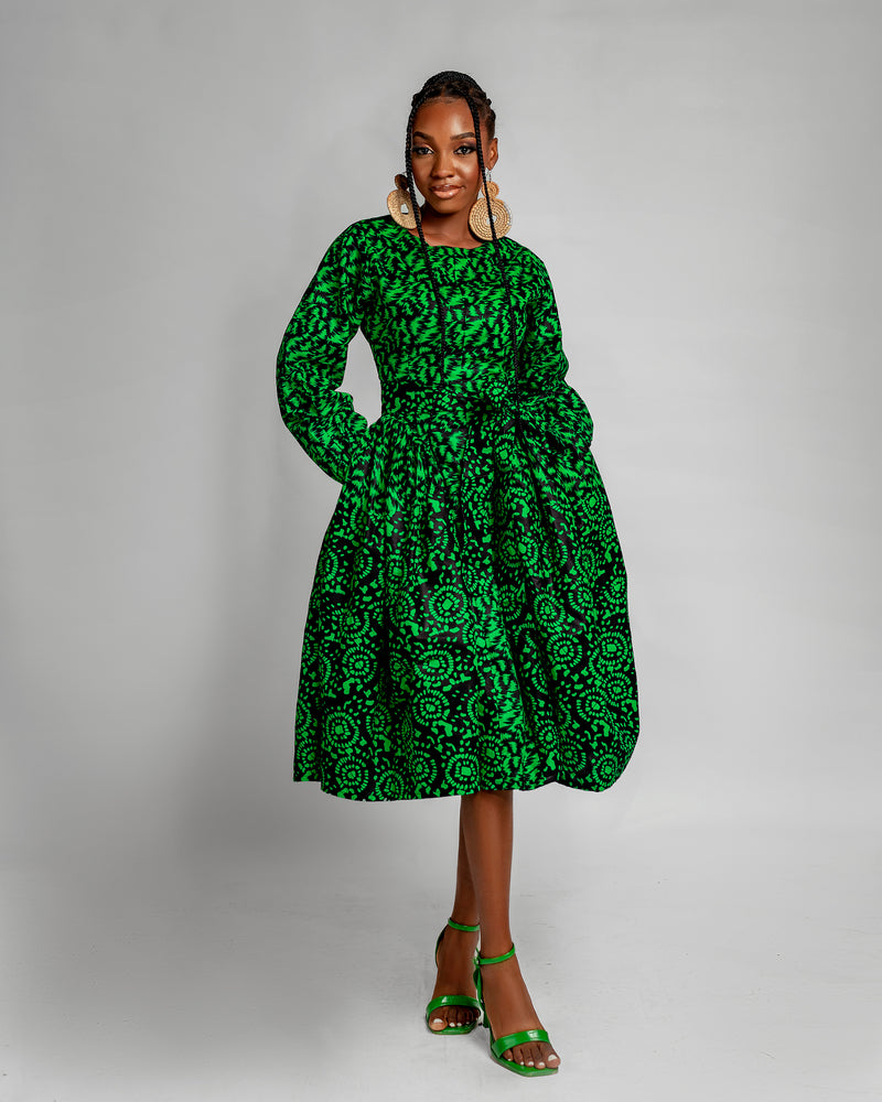 Lola Ankara Midi Dress | Green African Print