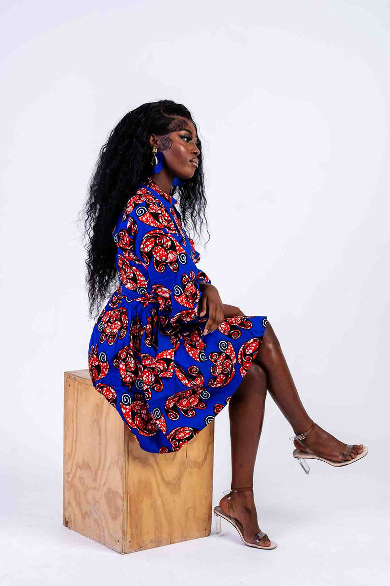 Olivia Mini Dress | Blue and Red African Print