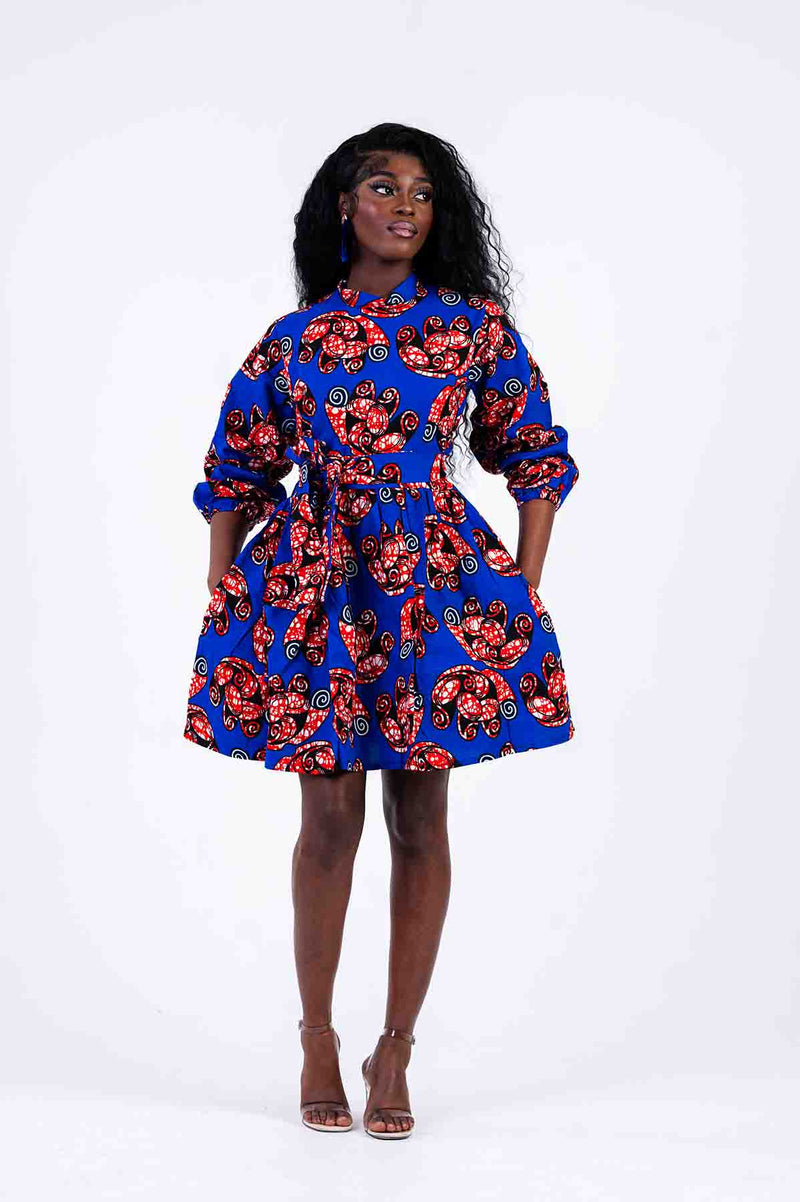 Olivia Mini Dress | Blue and Red African Print