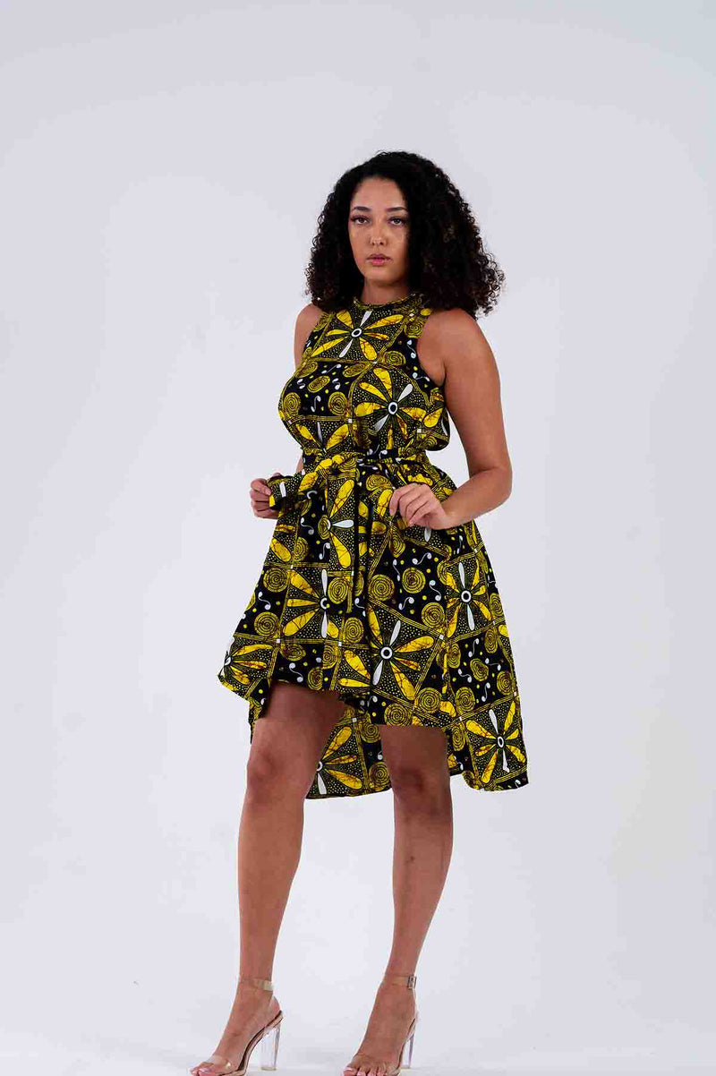 Zinati Ankara Sleeveless Dress | Green and Black African Print