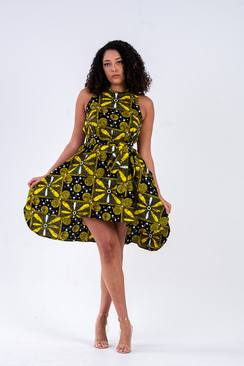 Zinati Ankara Sleeveless Dress | Green and Black African Print