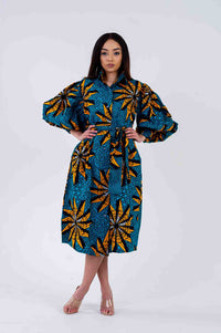 Jacinta Ankara Midi Shirt Dress | Green and Yellow African Print